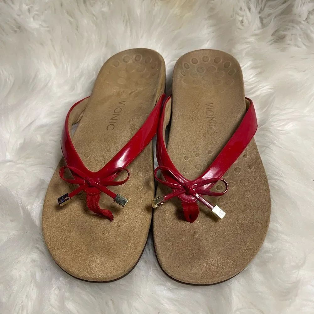Vionic Bella - Women's Orthotic Red patent Thong Sandals SZ 11